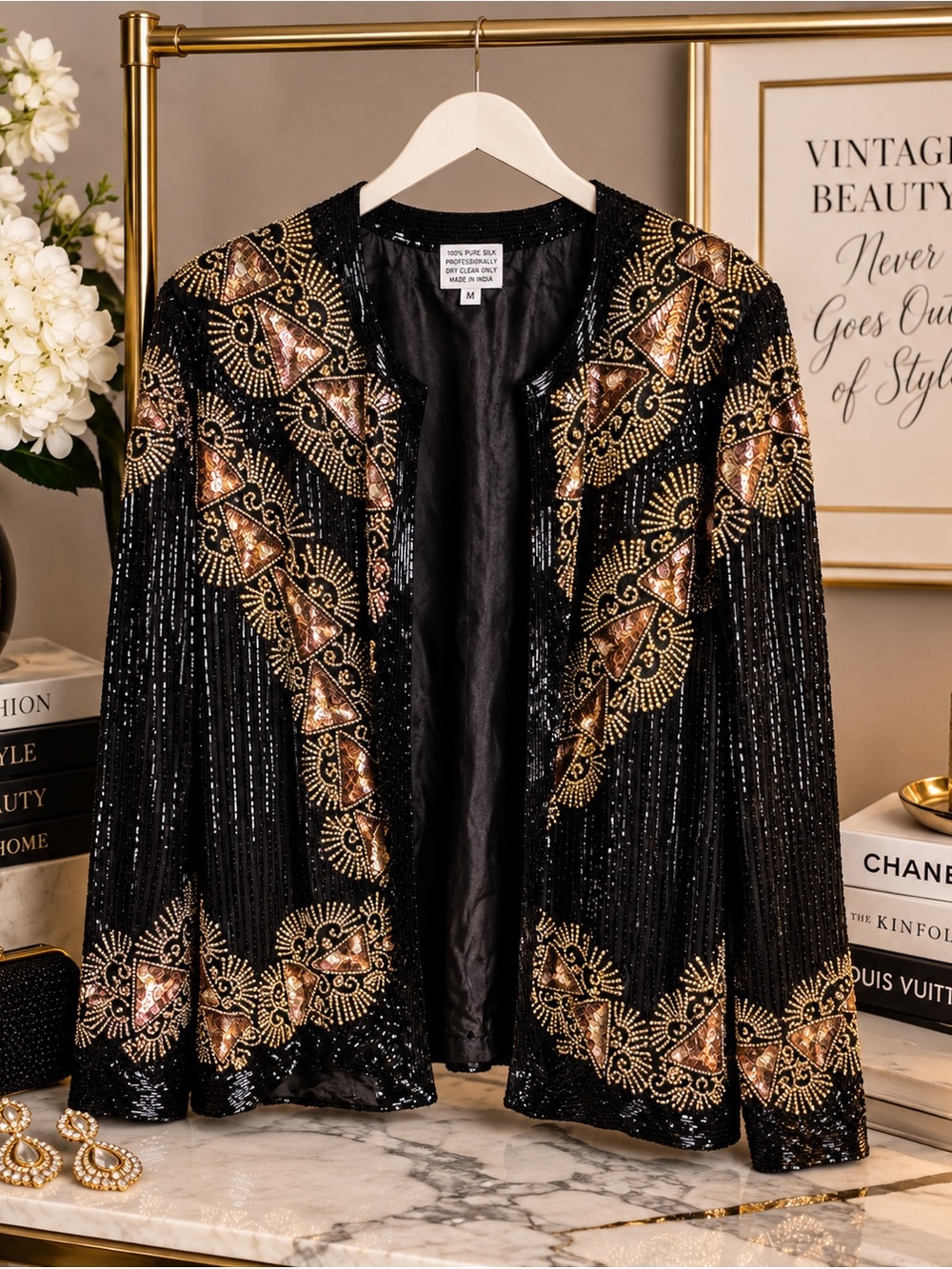 Vintage Black Gold Beaded Silk Jacket Medium Sequin Art Deco Evening Cocktail